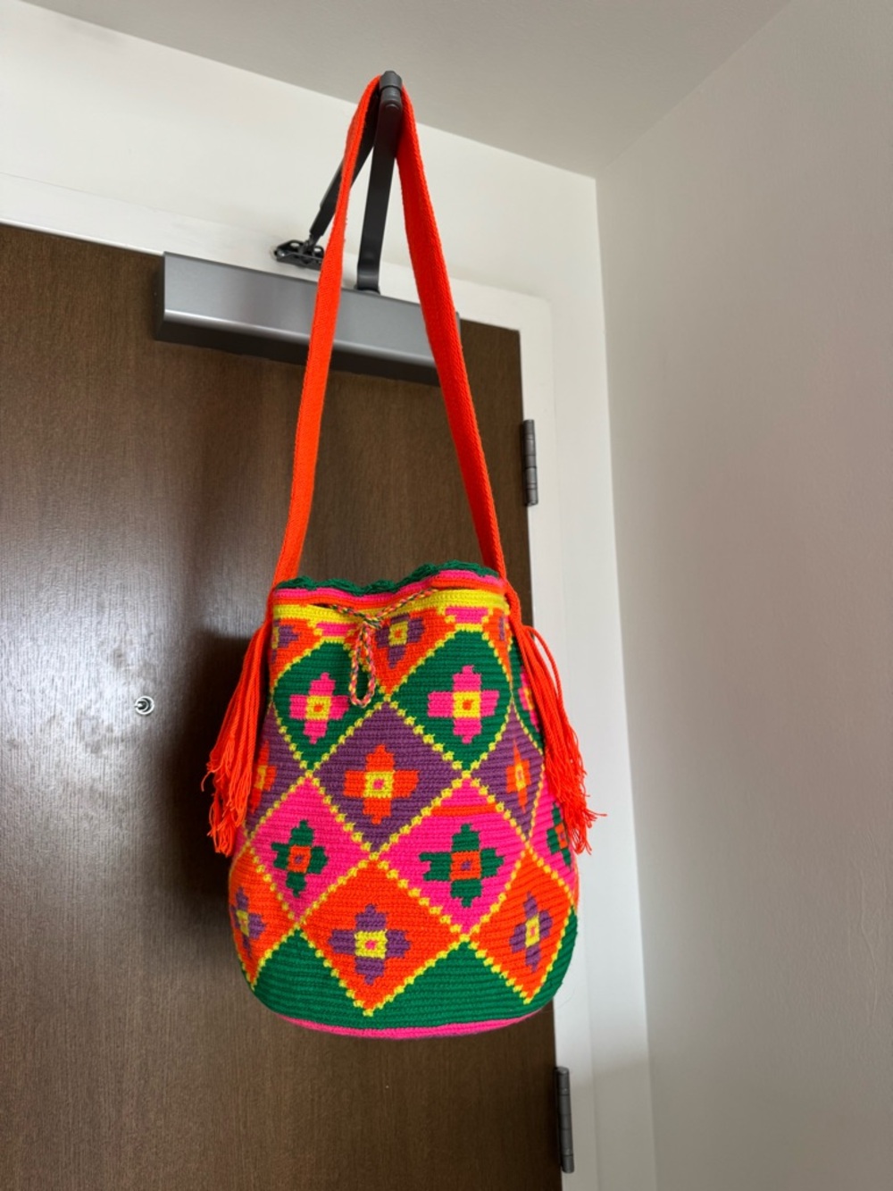 Handwoven Colorful Geometric Bucket Bag - Orange, Pink & Green